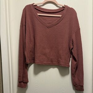 V-Neck Waffle Knit Sweatshirt - Dusty Rose